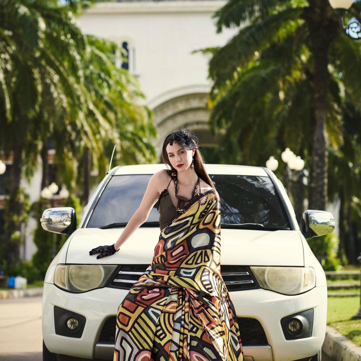 Multi Printed Satin Crepe Saree