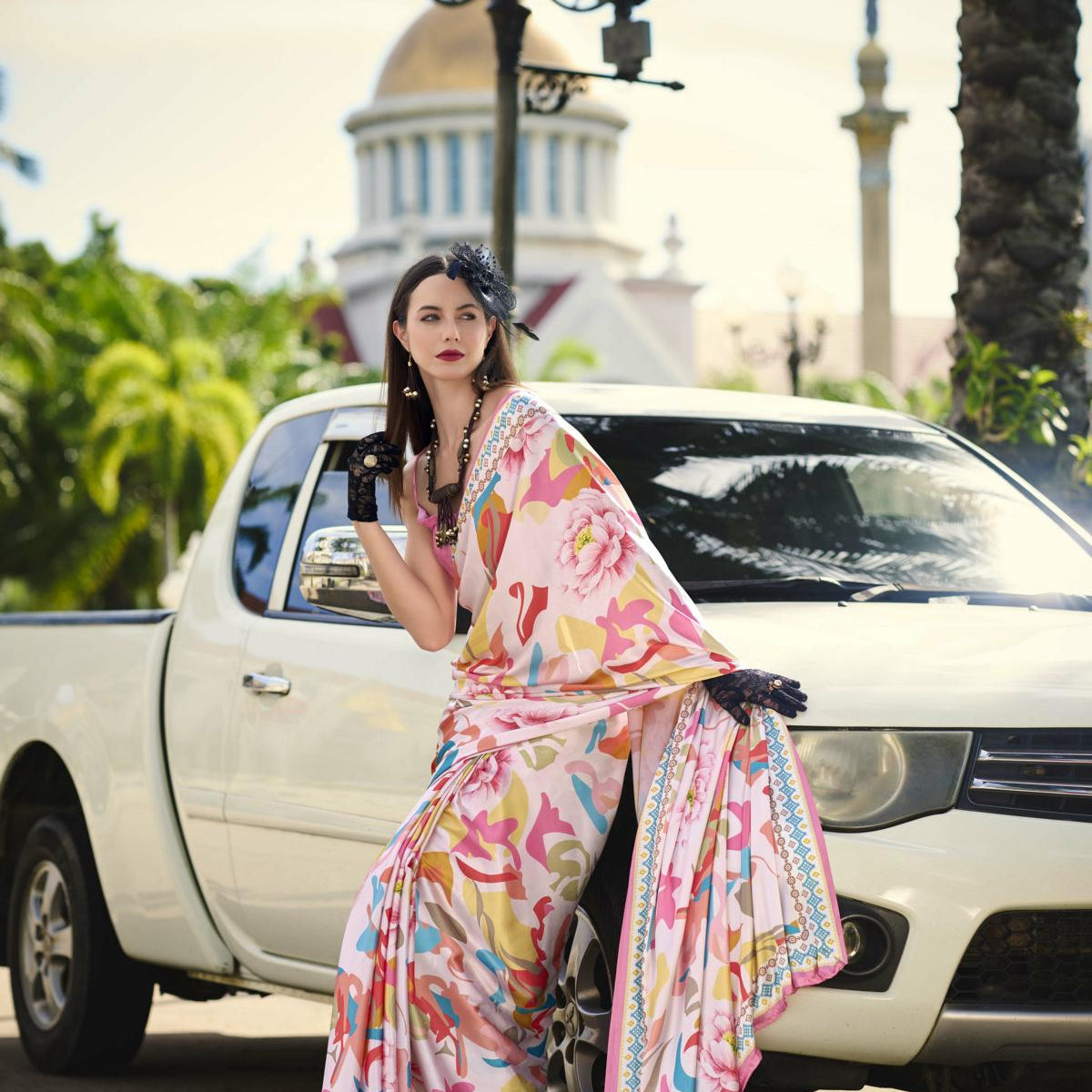 Multi Printed Satin Crepe Saree