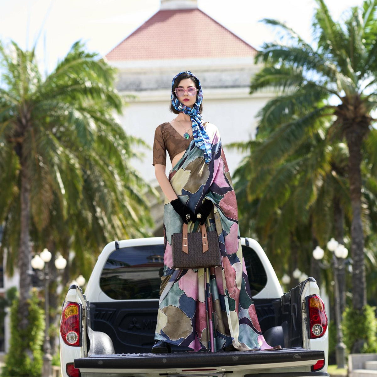 Multi Printed Satin Crepe Saree