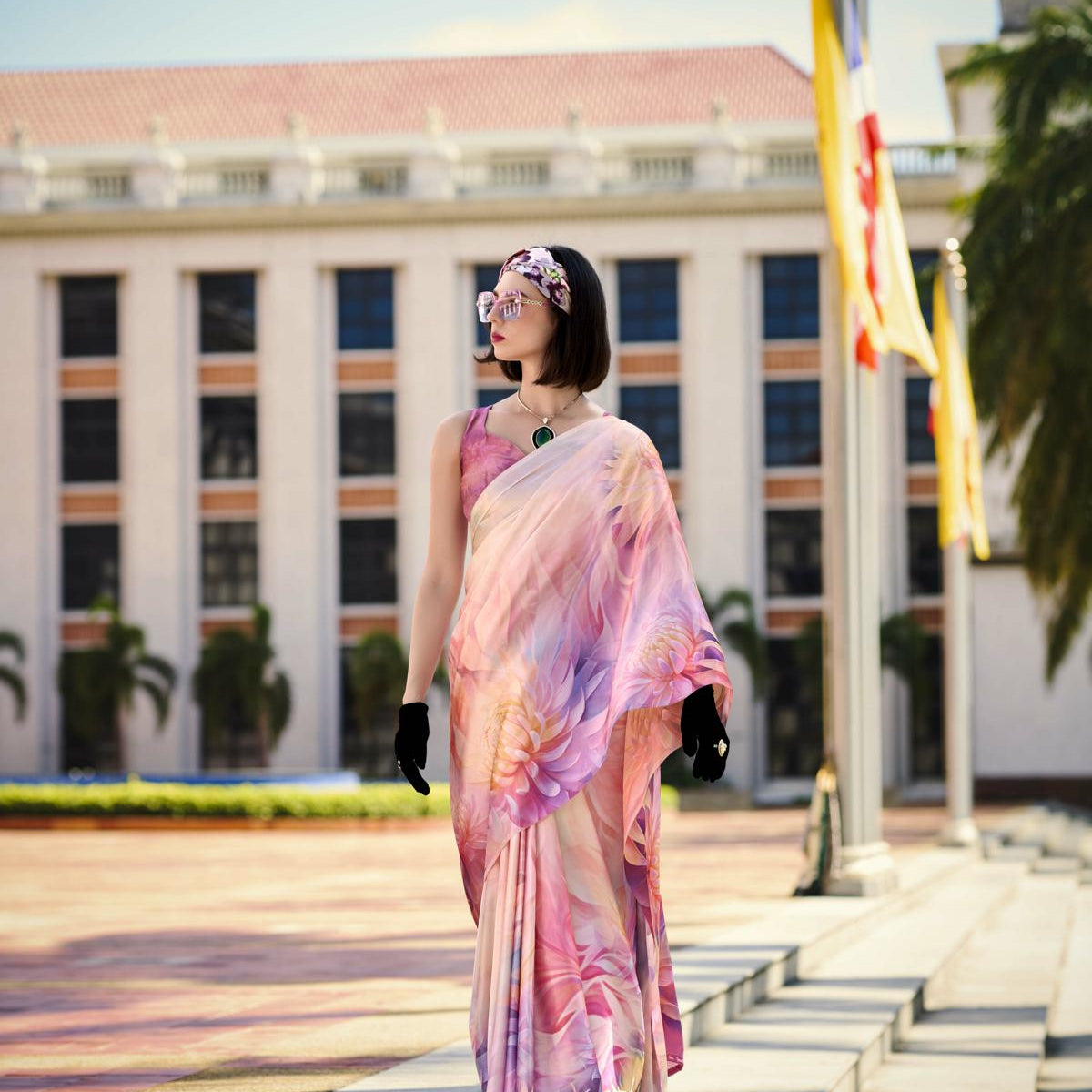 Multi Printed Satin Crepe Saree