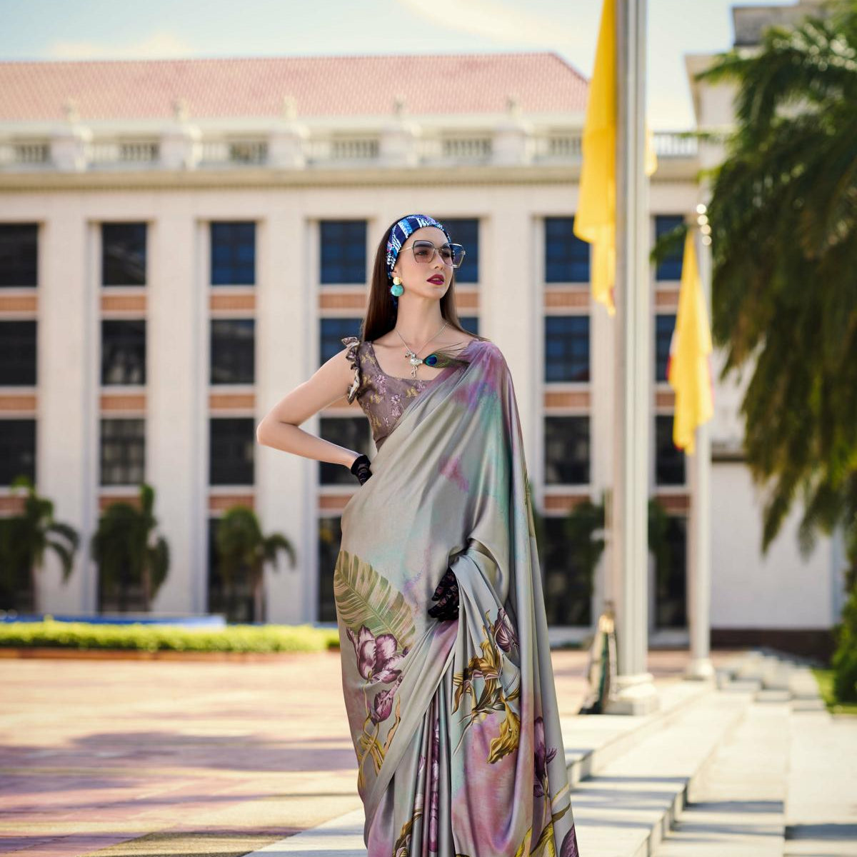 Multi Printed Satin Crepe Saree