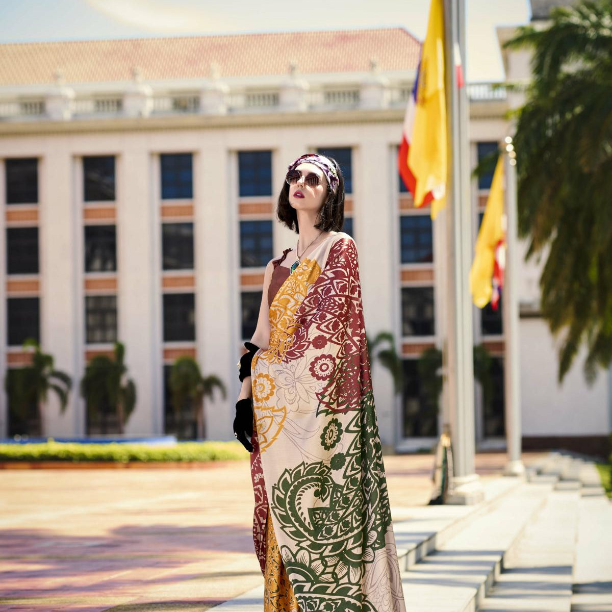 Multi Printed Satin Crepe Saree