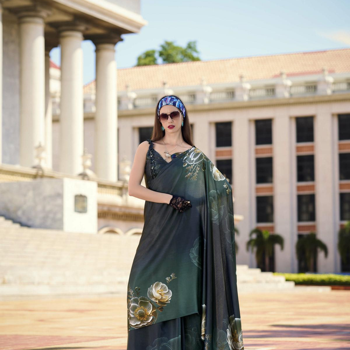 Multi Printed Satin Crepe Saree