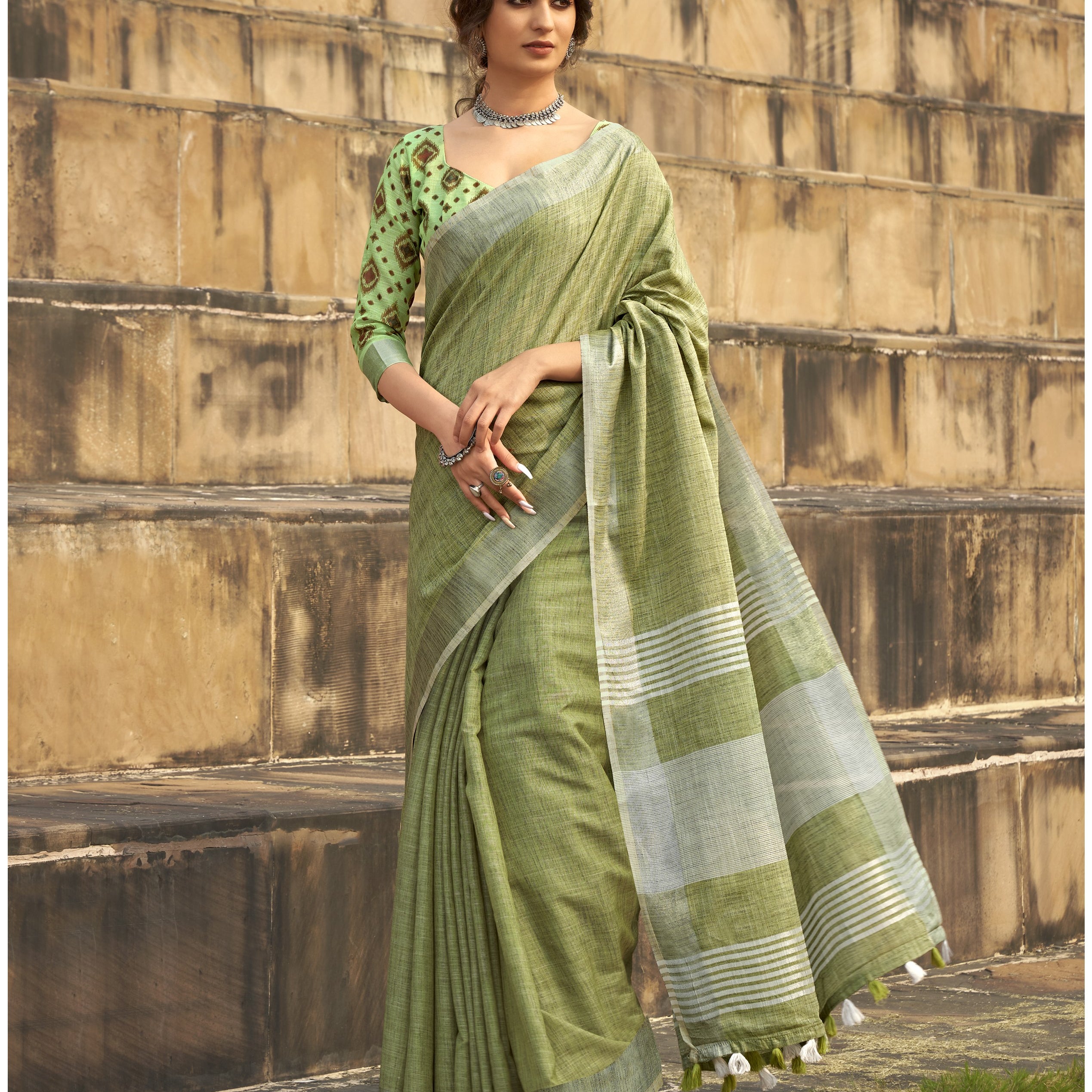 Silk Saree with a Touch of Silver Border