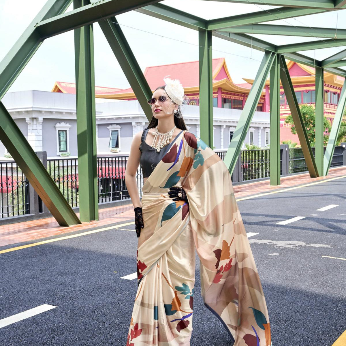 Multi Printed Satin Crepe Saree