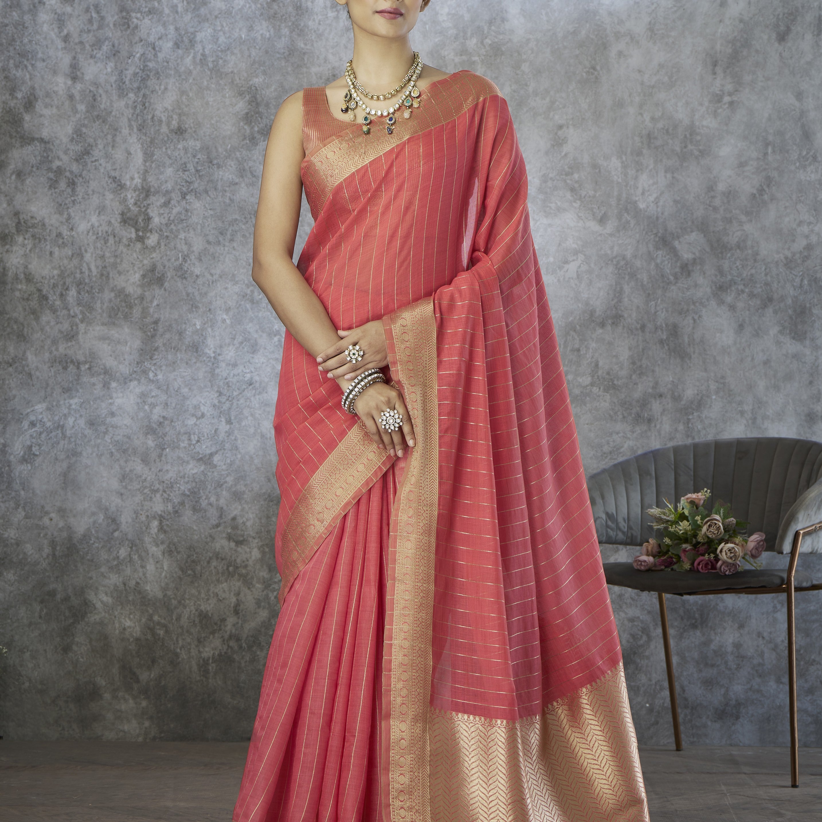 Silk Blend Saree with Gold Zari Border