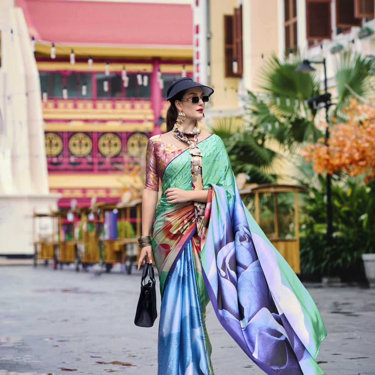 Multi Printed Satin Crepe Saree