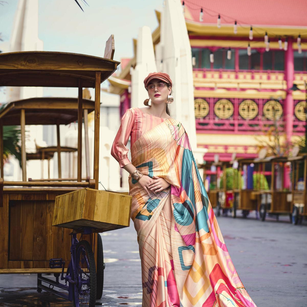 Multi Printed Satin Crepe Saree