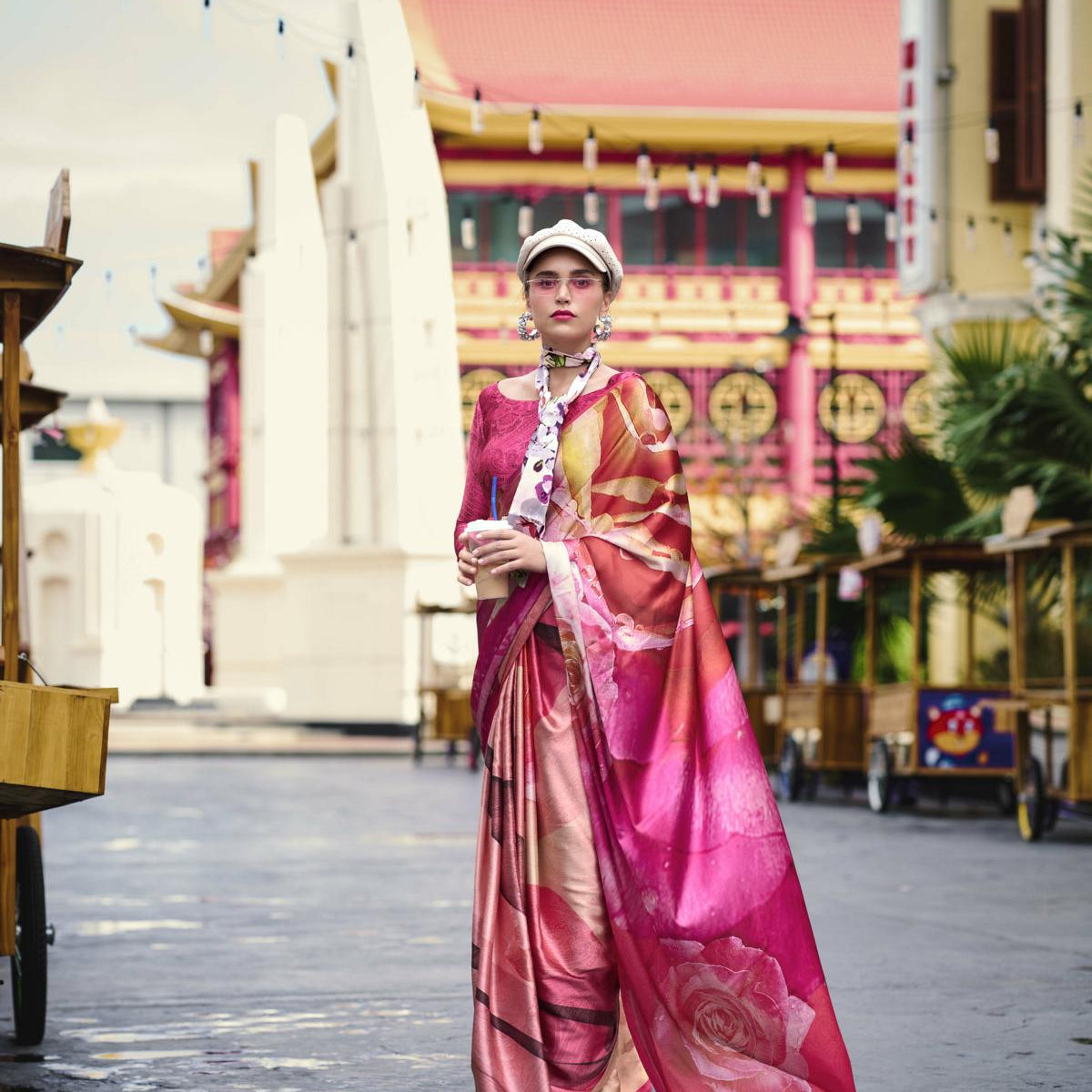 Multi Printed Satin Crepe Saree