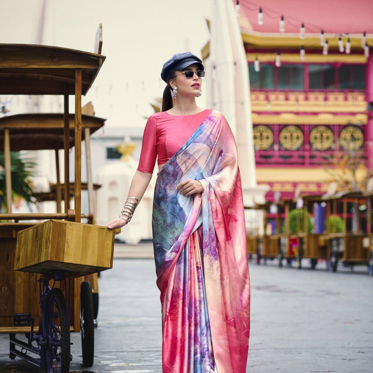 Multi Printed Satin Crepe Saree