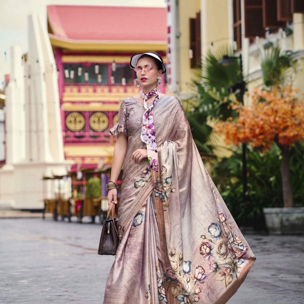 Multi Printed Satin Crepe Saree