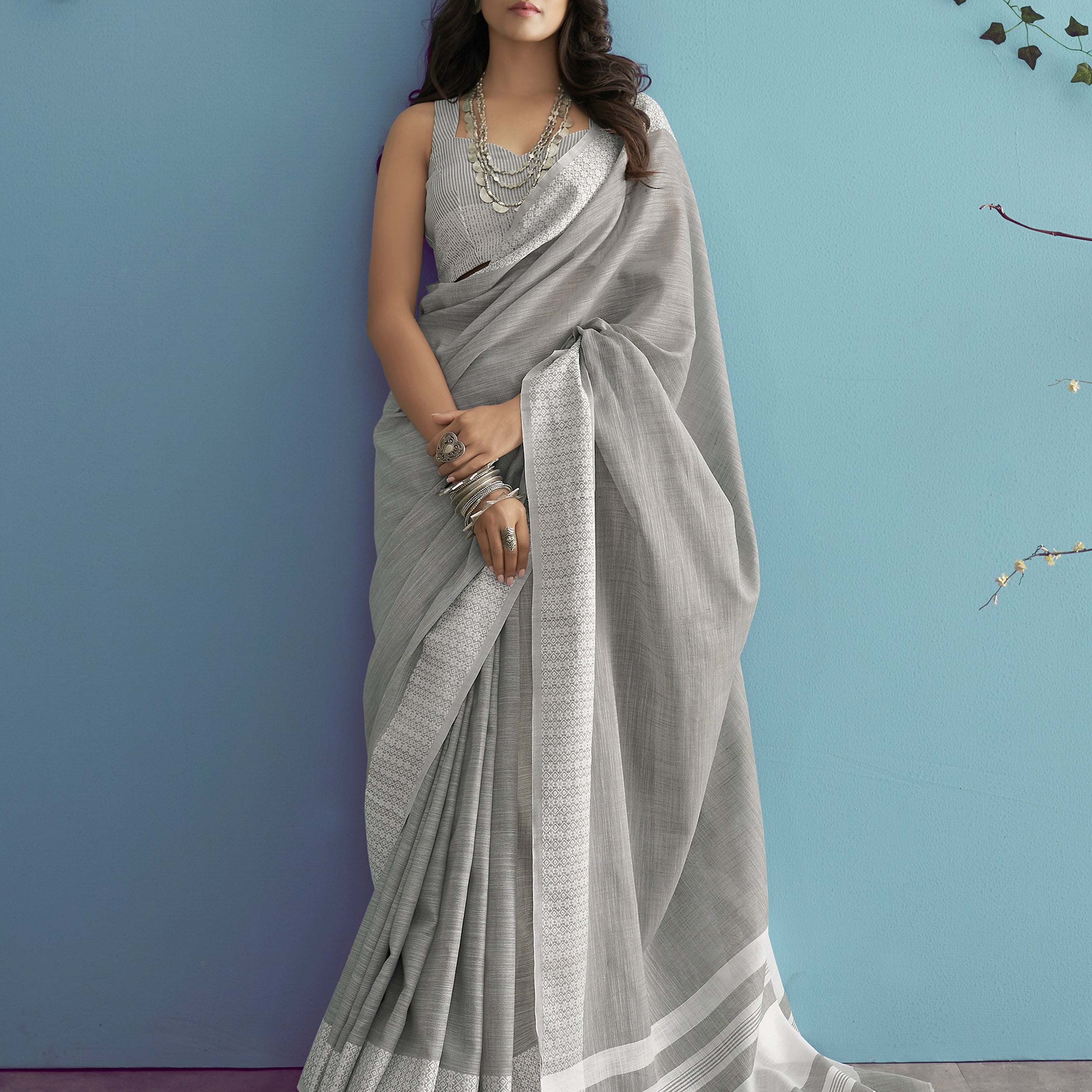 Silk Saree with a Touch of Silver Border