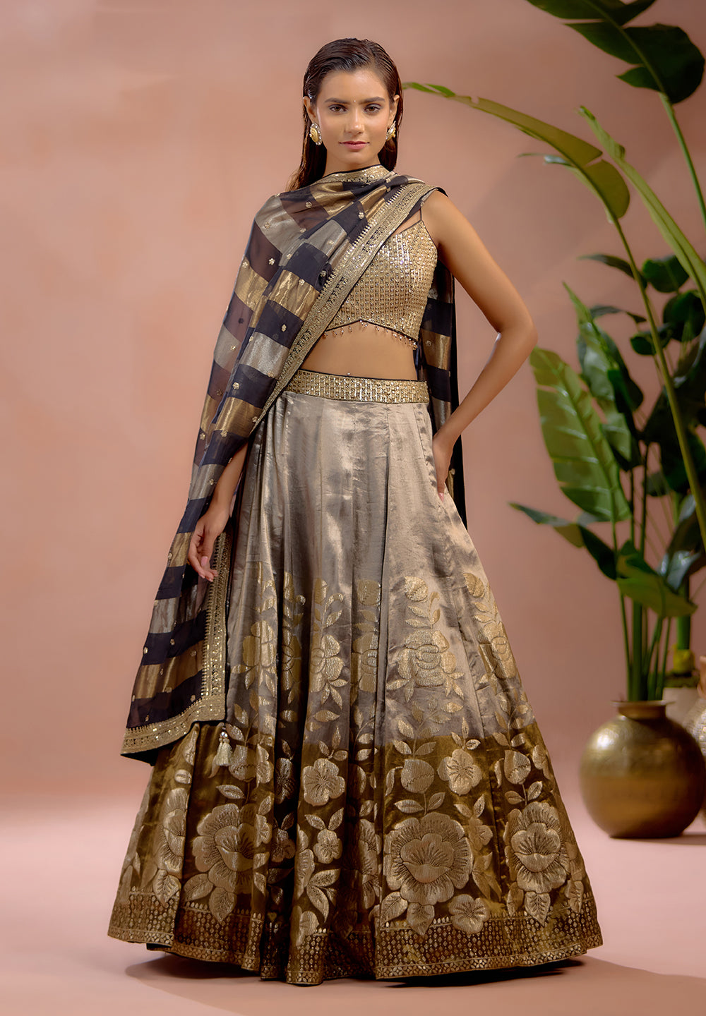 Grey Tissue Lehenga