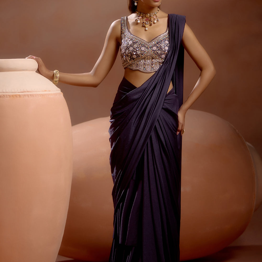 Purple Pre-draped Crepe Saree