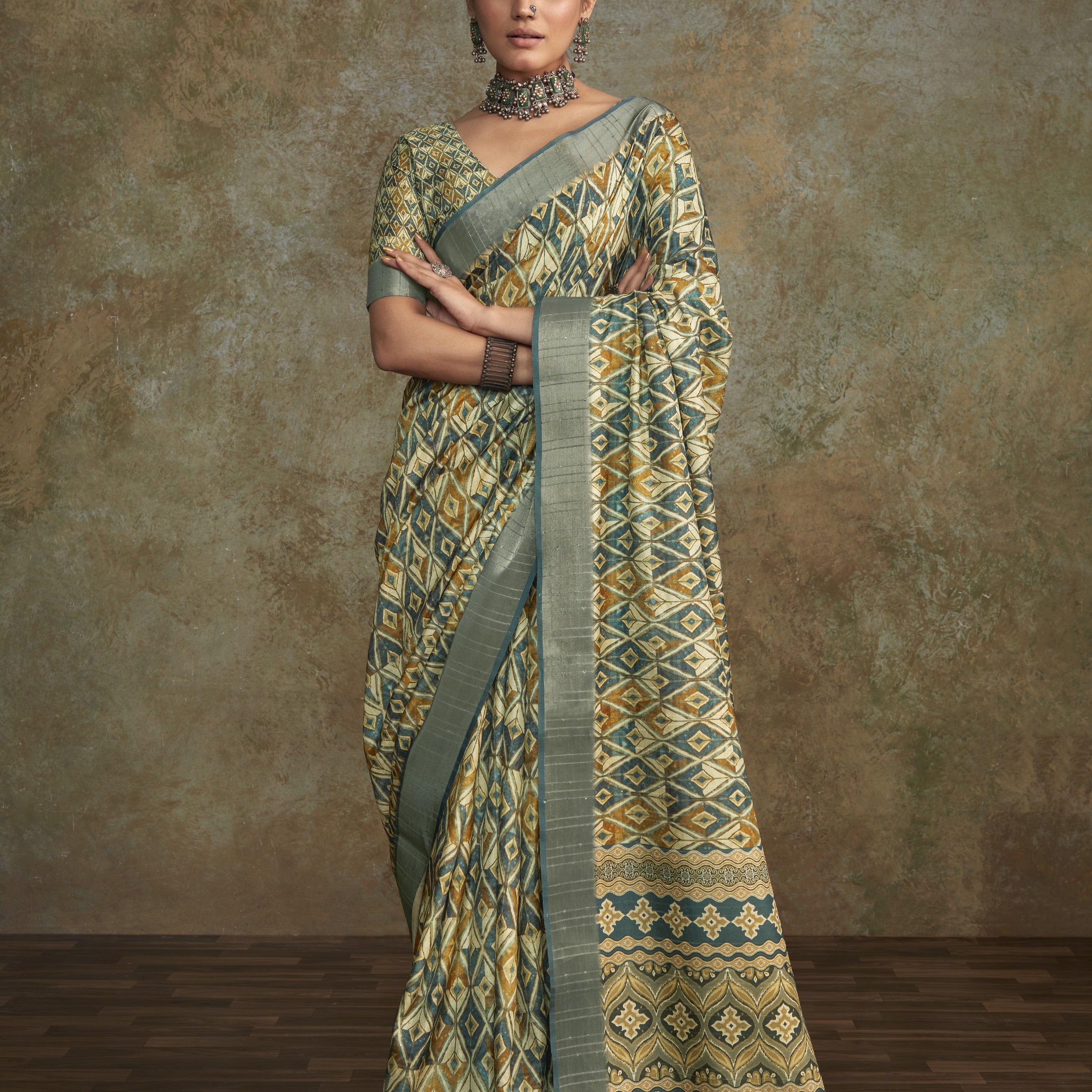 Printed Silk Saree with Lustrous Zari Border