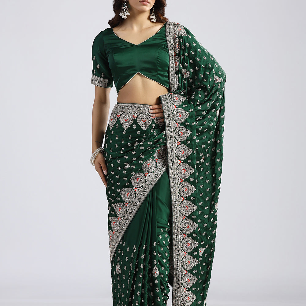 Hand-Embroidered Crepe Saree in Forest Green
