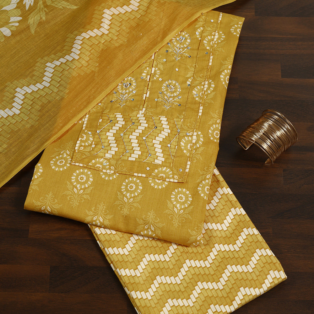 Floral Print Cotton Unstitched Suit with Zari & Sequin Work