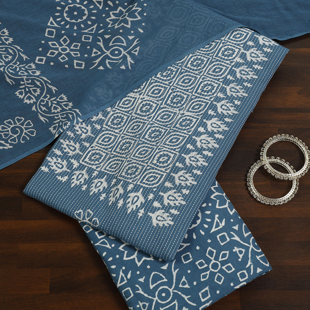 Serene Blue Floral Printed Cotton Unstitched Suit
