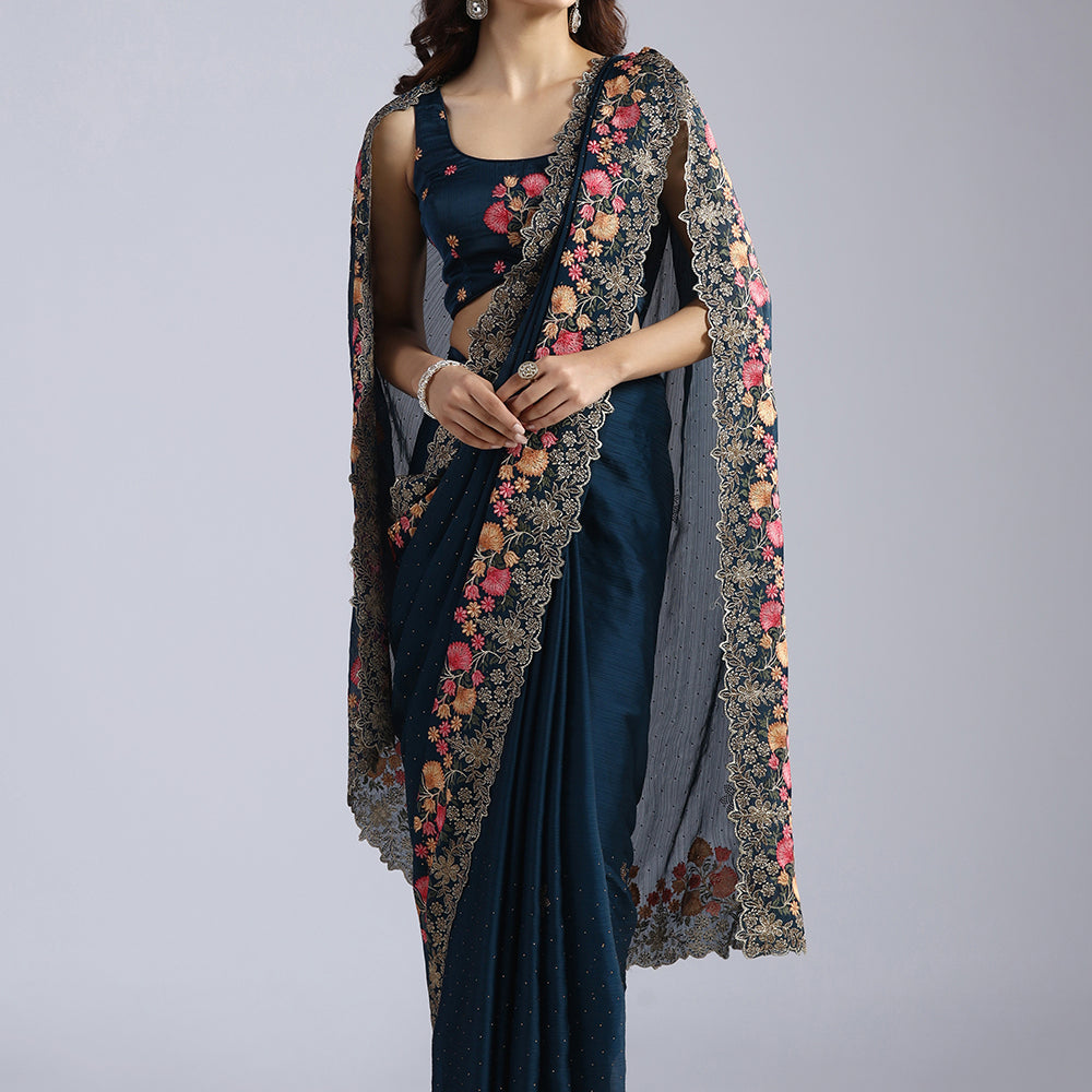 Sophisticated Crepe Saree with Swarovski Accents and Designer Threadwork Border