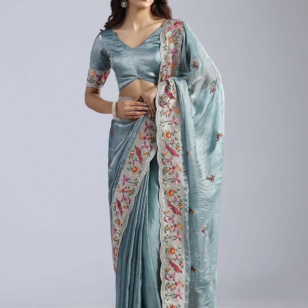 The Serene Sage Hand-Embroidered Organza Saree with Scalloped Zari Detail