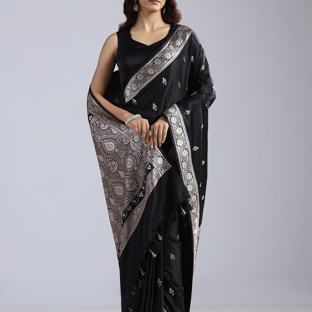 Banarasi Satin Silk Saree with Intricate Gold Zari Work