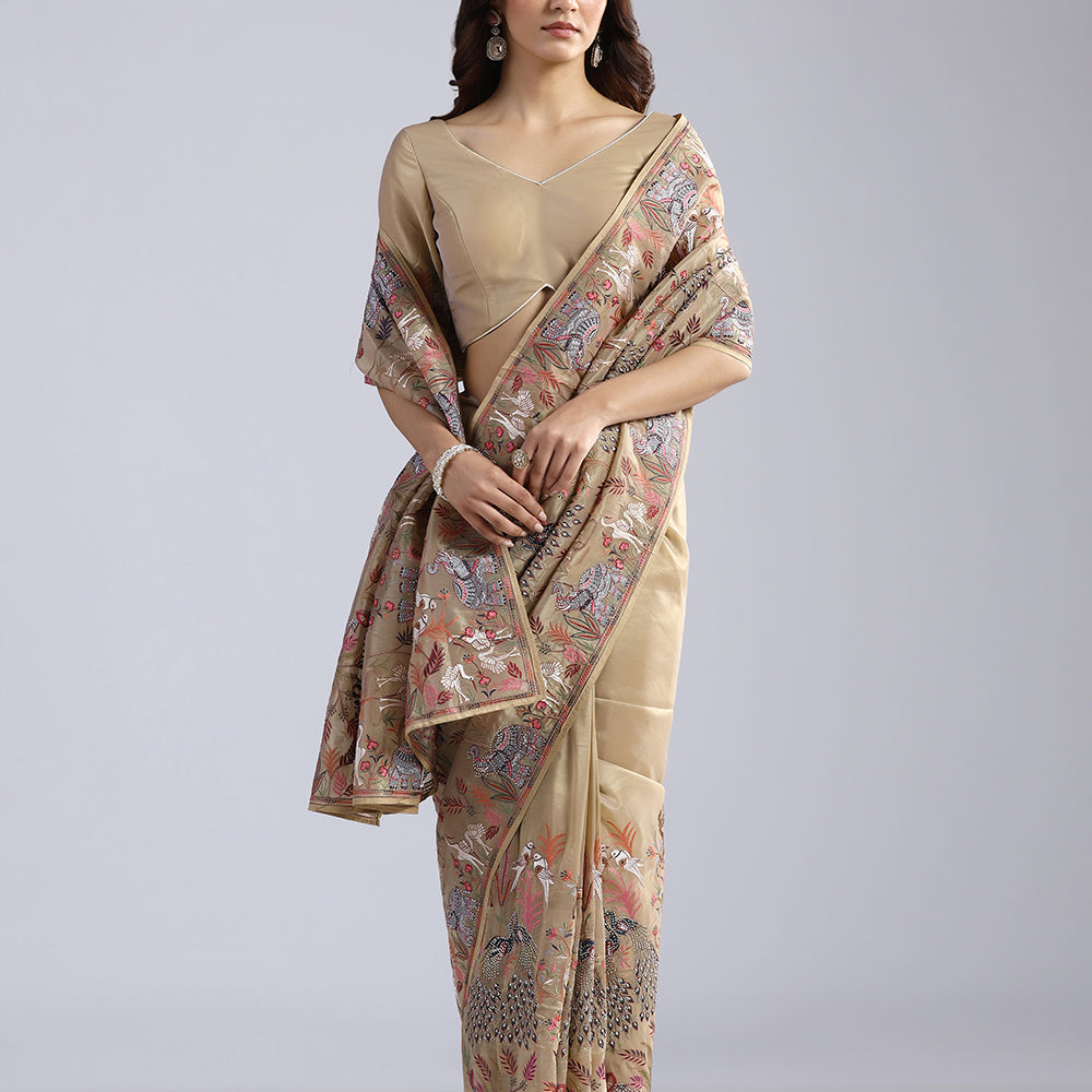 The Enchanted Forest Hand-Embroidered Tissue Silk Saree with Animal & Bird Motifs