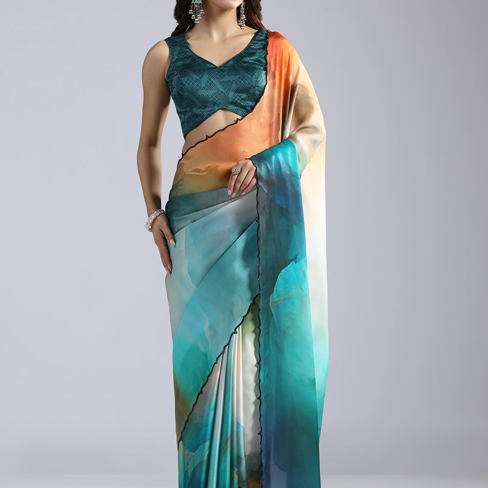 Crepe Saree with Black Swarovski Work and Scalloped Cutwork Border