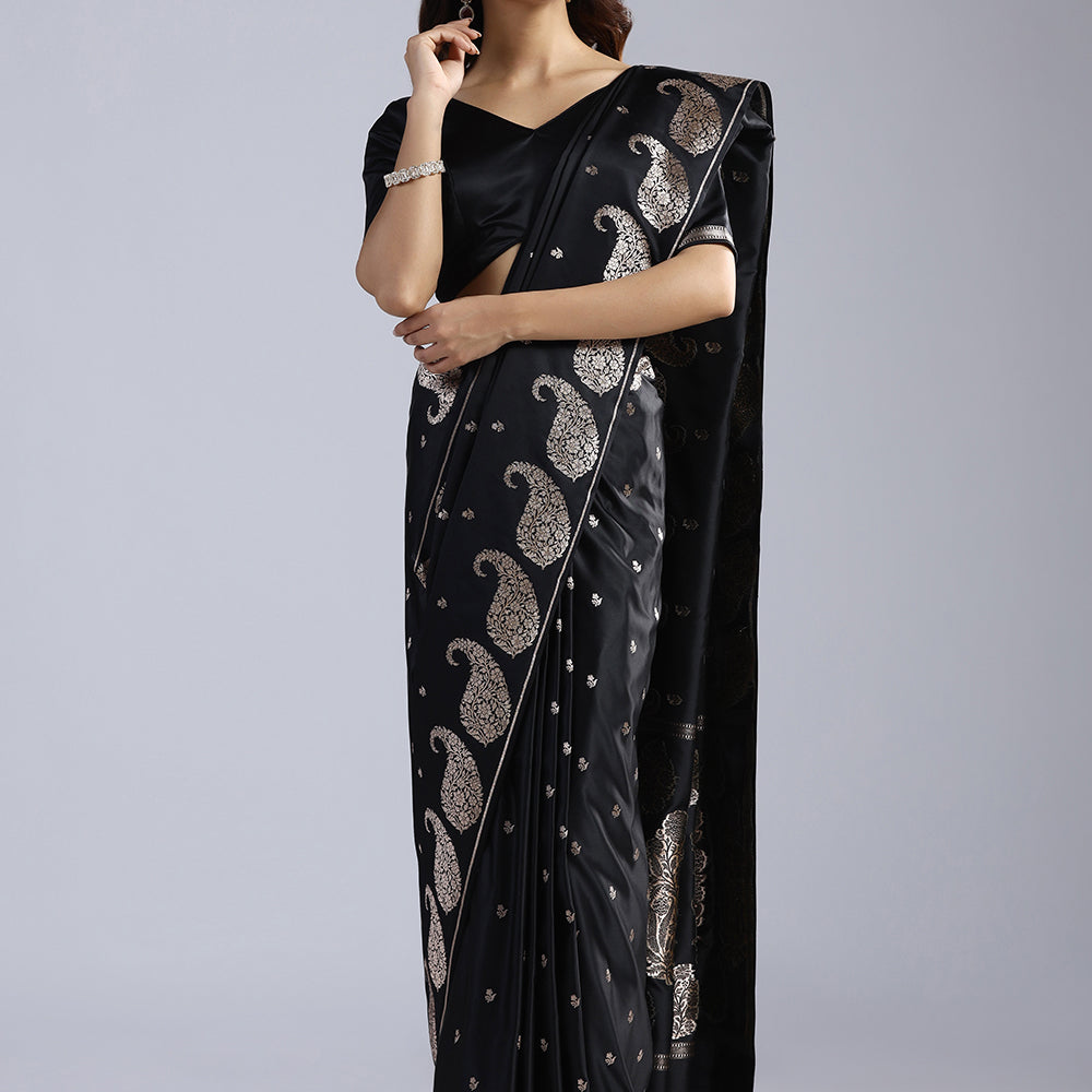 Banarasi Satin Silk Saree with Intricate Gold Zari Work