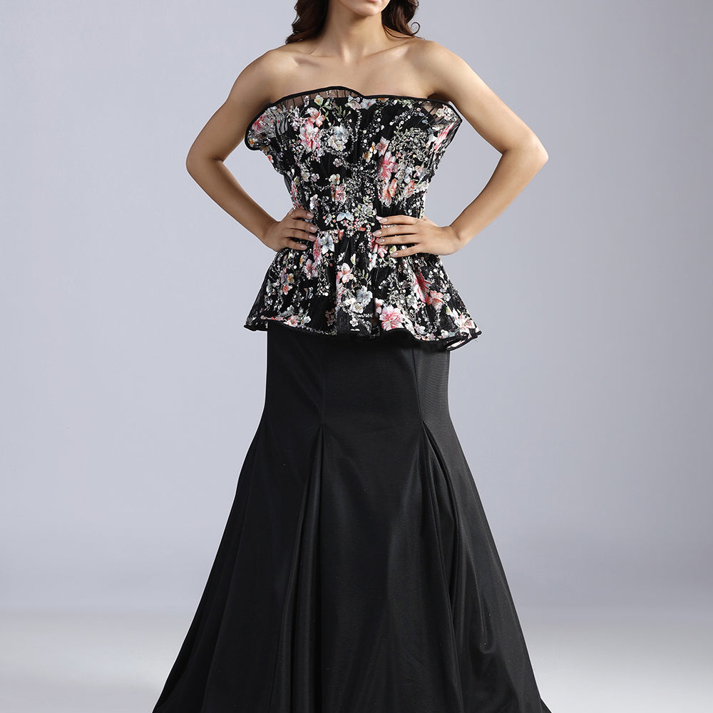 Floral Sequin Peplum Gown with Flared Mermaid Skirt