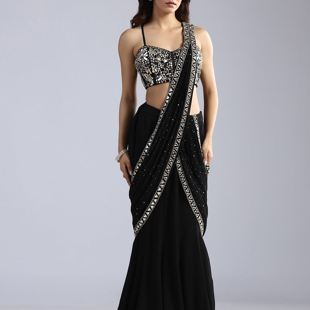 Electric Petal Pre-Stitched Georgette Saree & Embellished Corset Set