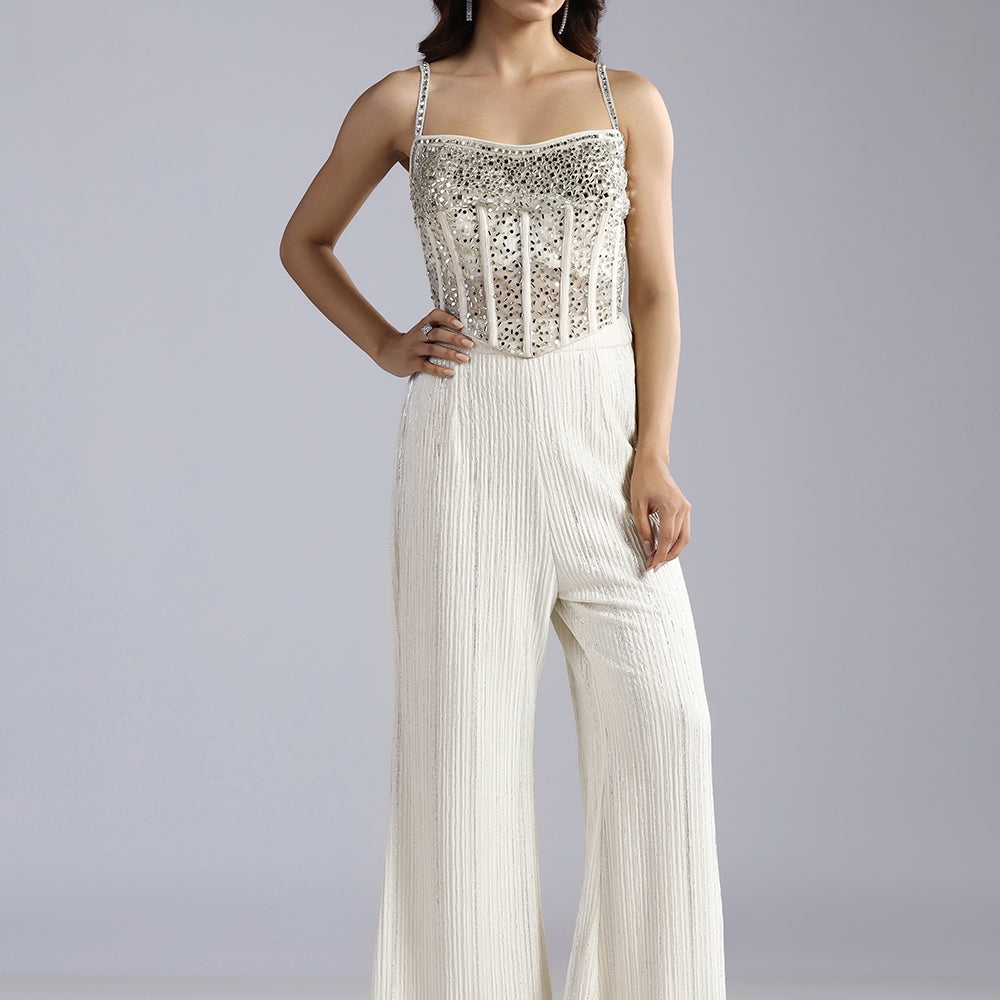 Ivory Glitz Crystal-Ribbed Corset & Vertical Shimmer Flare Set