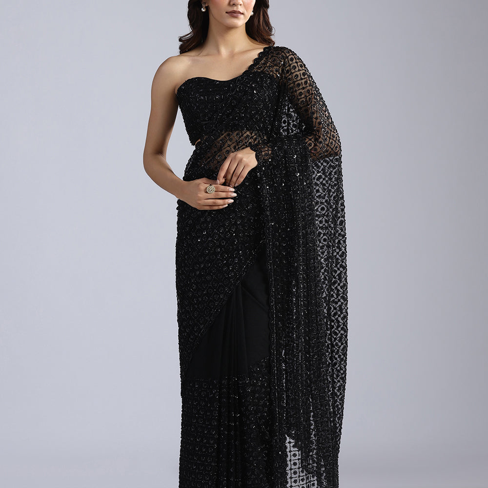 Stunning Midnight Black Net Saree with Intricate Sequin & Moti Lattice Work