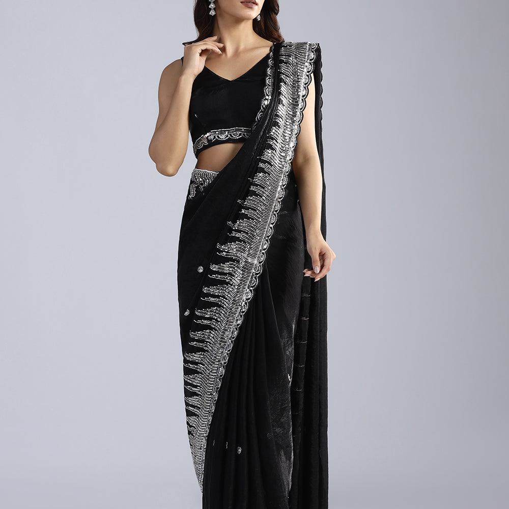 Glamorous Midnight Black Organza Saree with Intricate Sequin & Bead Artistry