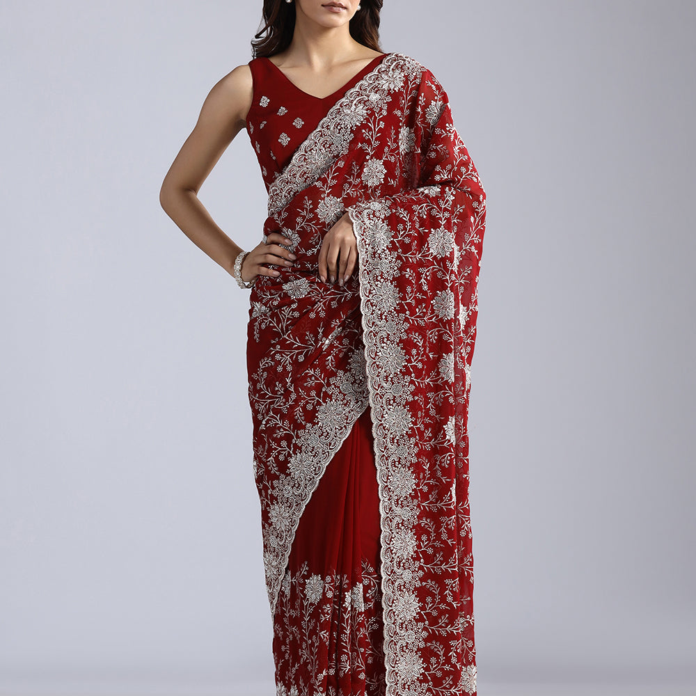 Georgette Saree with Intricate Zari & Swarovski Floral Art