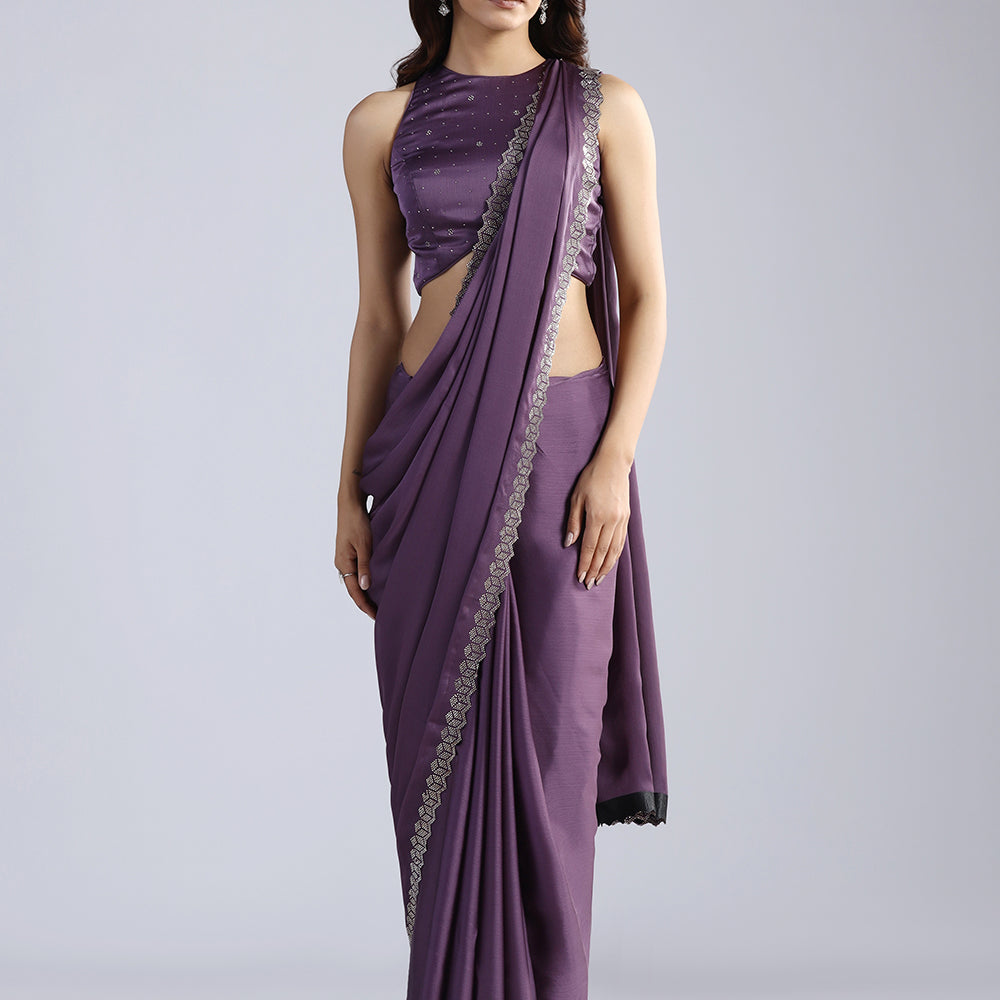 Exquisite Plum Crepe Saree with Swarovski Embellishments and Scalloped Geometric Borders