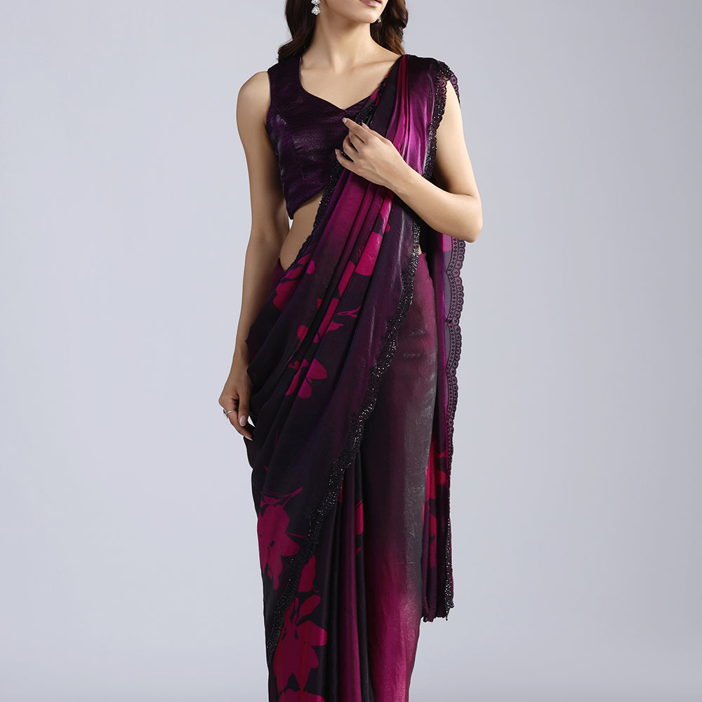 Organza Saree with Black Swarovski Work and Scalloped Cutwork Border