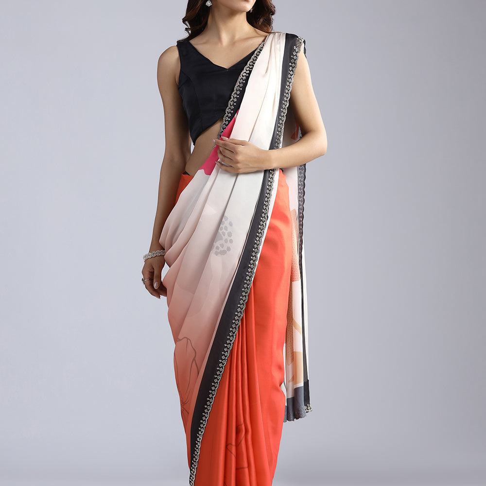 Monochrome Muse Black & Ivory Crepe Saree with Botanical Art