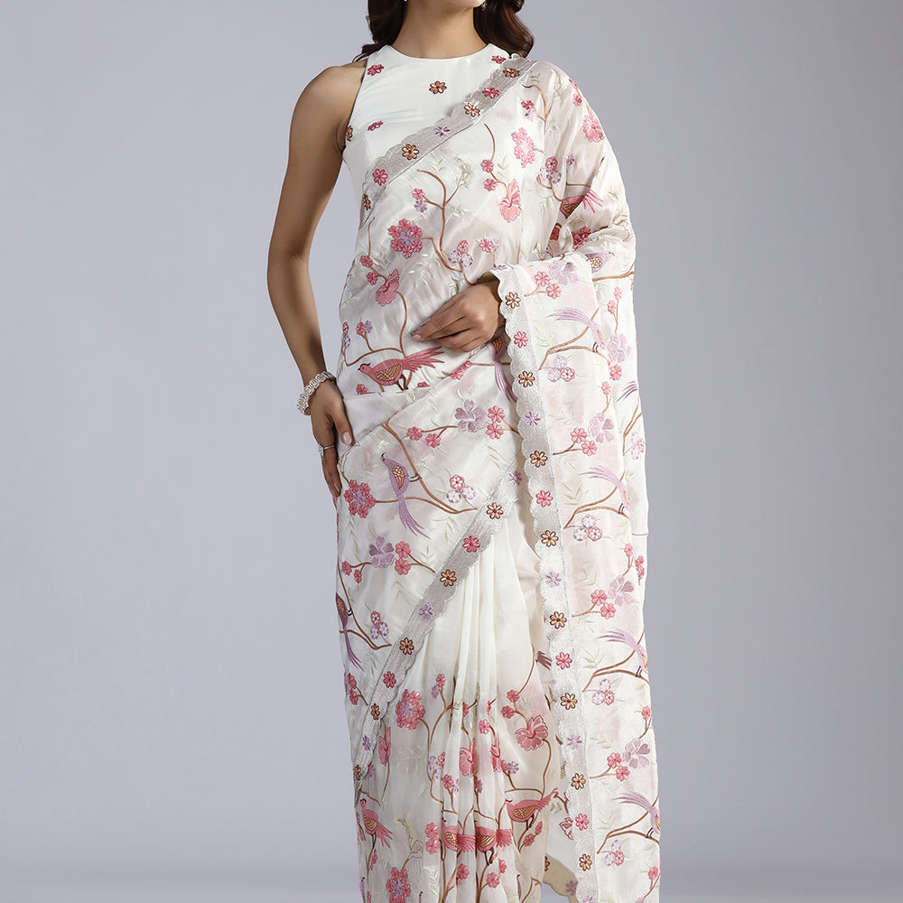 Tissue Net Saree with Artistic Threadwork Figures & Scalloped Cut-Work Border