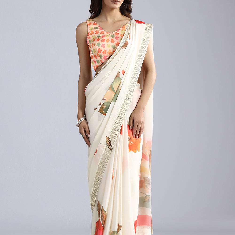 Crepe Saree with Designer Print, Swarovski, and Zarkan Artistry