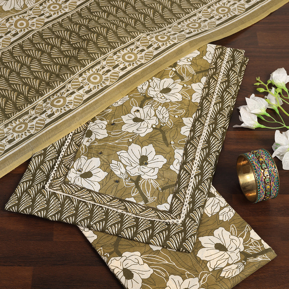 Grace in Every Thread: Cotton Unstitched Suit with Stylish Neck Patch