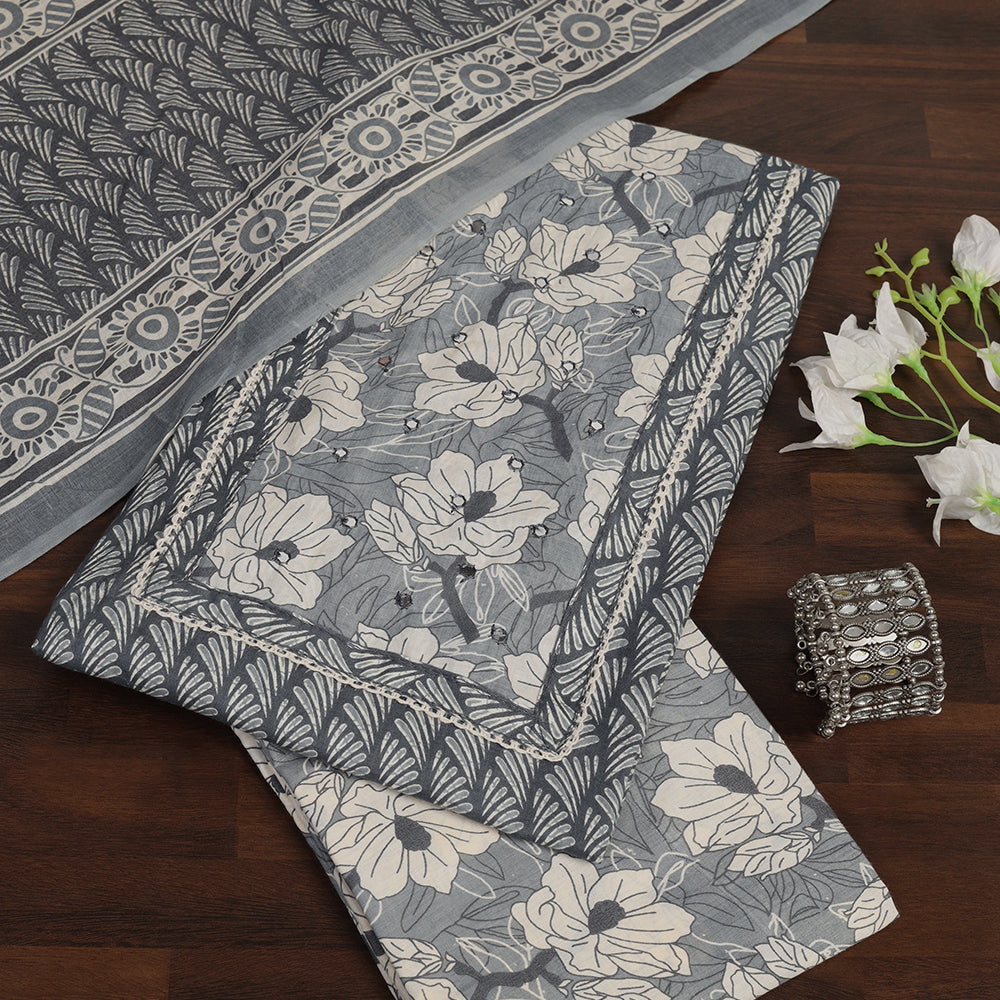 Grace in Every Thread: Cotton Unstitched Suit with Stylish Neck Patch