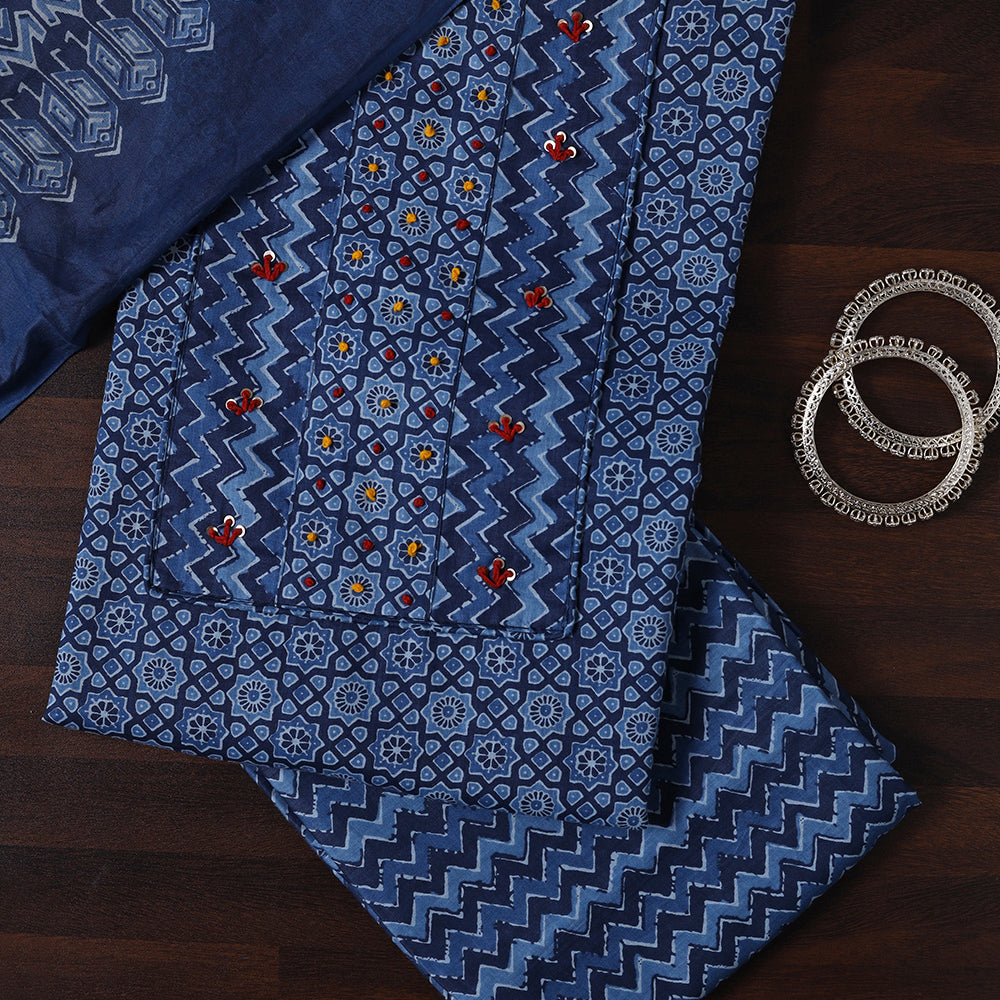 Blue Cotton Unstitched Suit with Note & Zigzag Prints