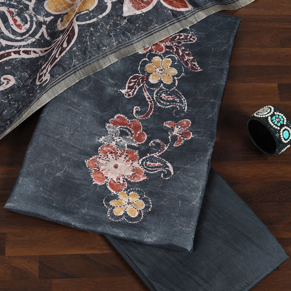 Tussar Unstitched Suit with Sequins Thread Work