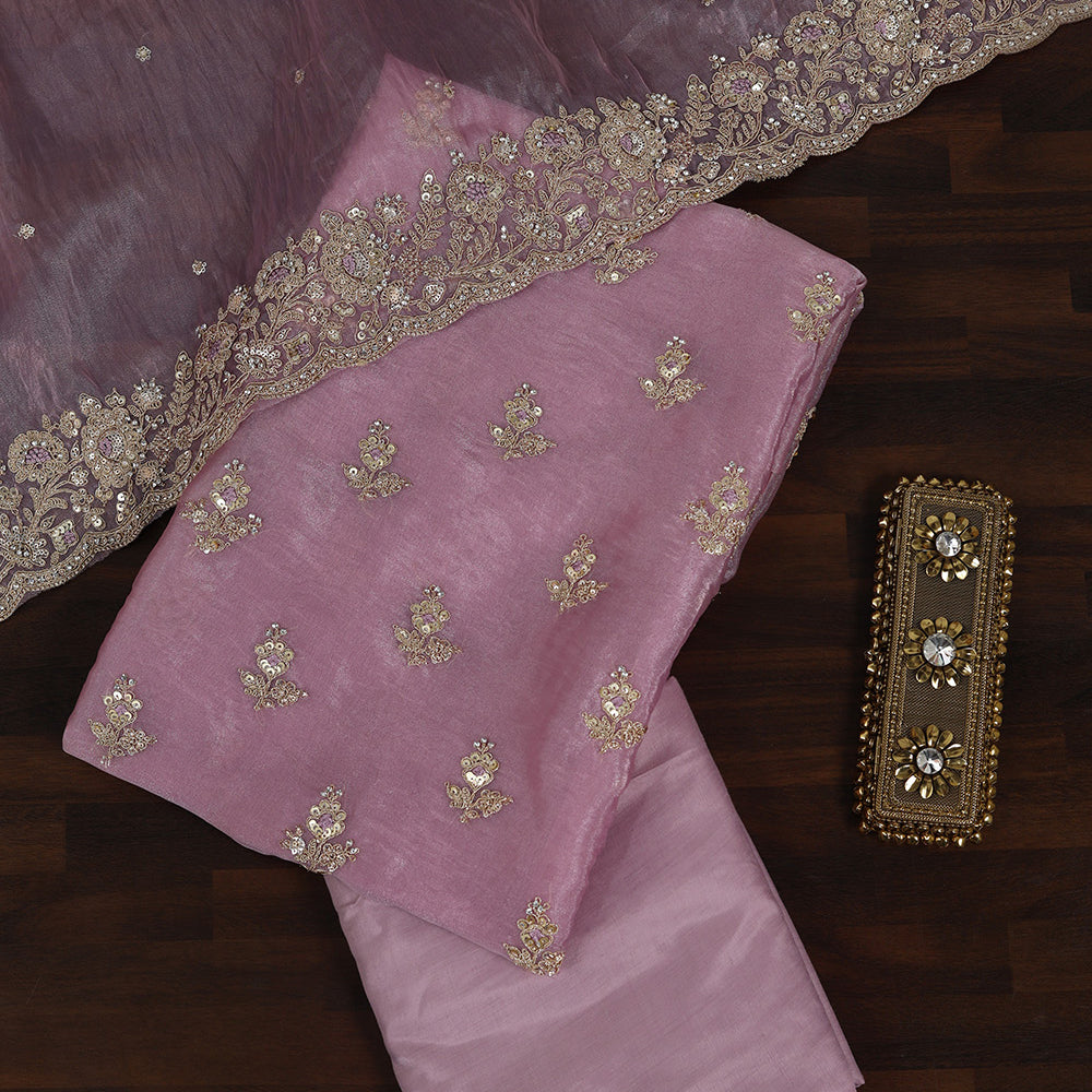 Tissue Suit Adorned with Aari & Pearl Embellishments