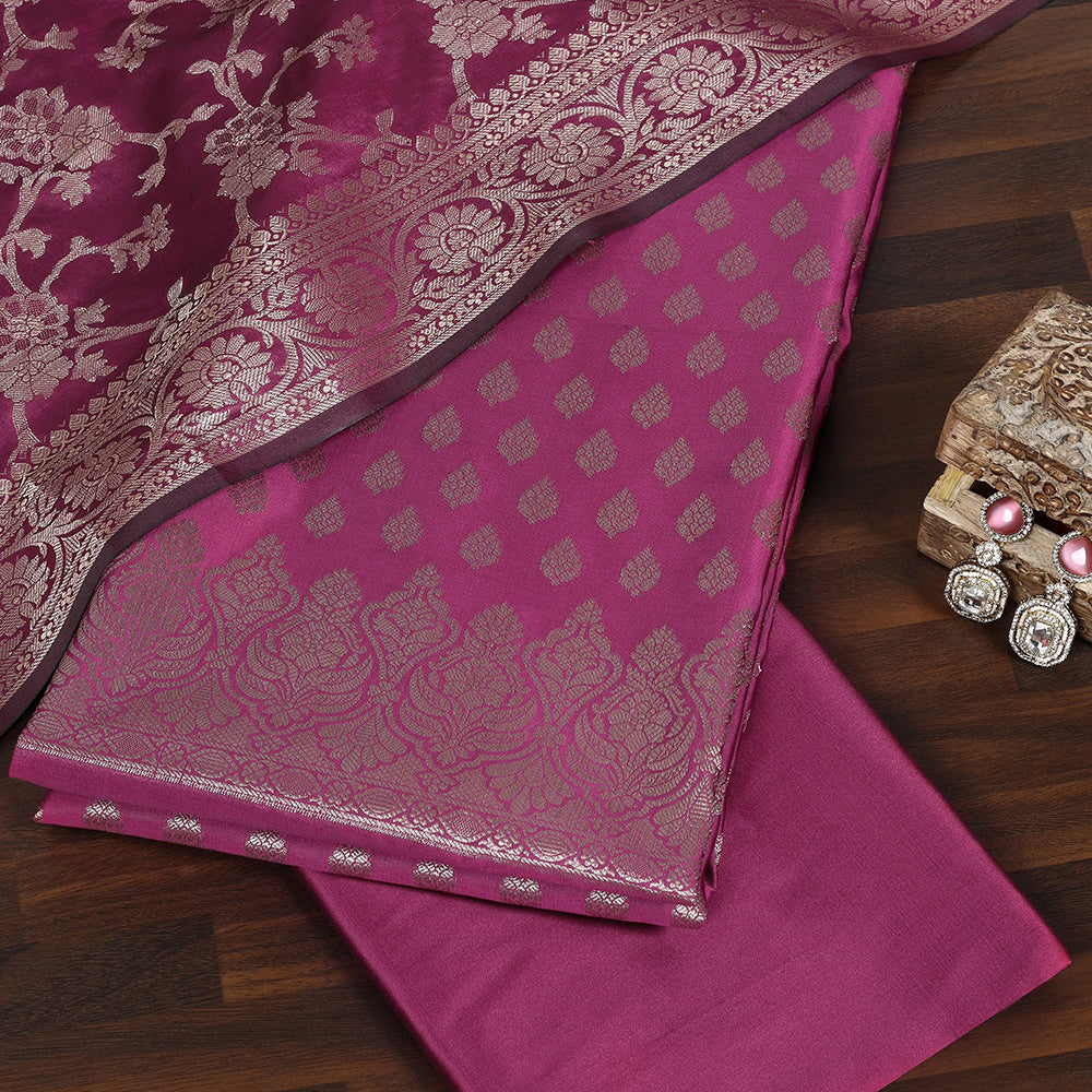 Handcrafted Banarasi Silk Suit with Ornate Floral Zari Motifs