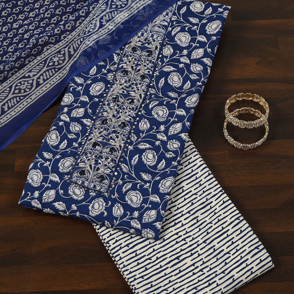 Printed Cotton Unstitched Suit with Neck Patch