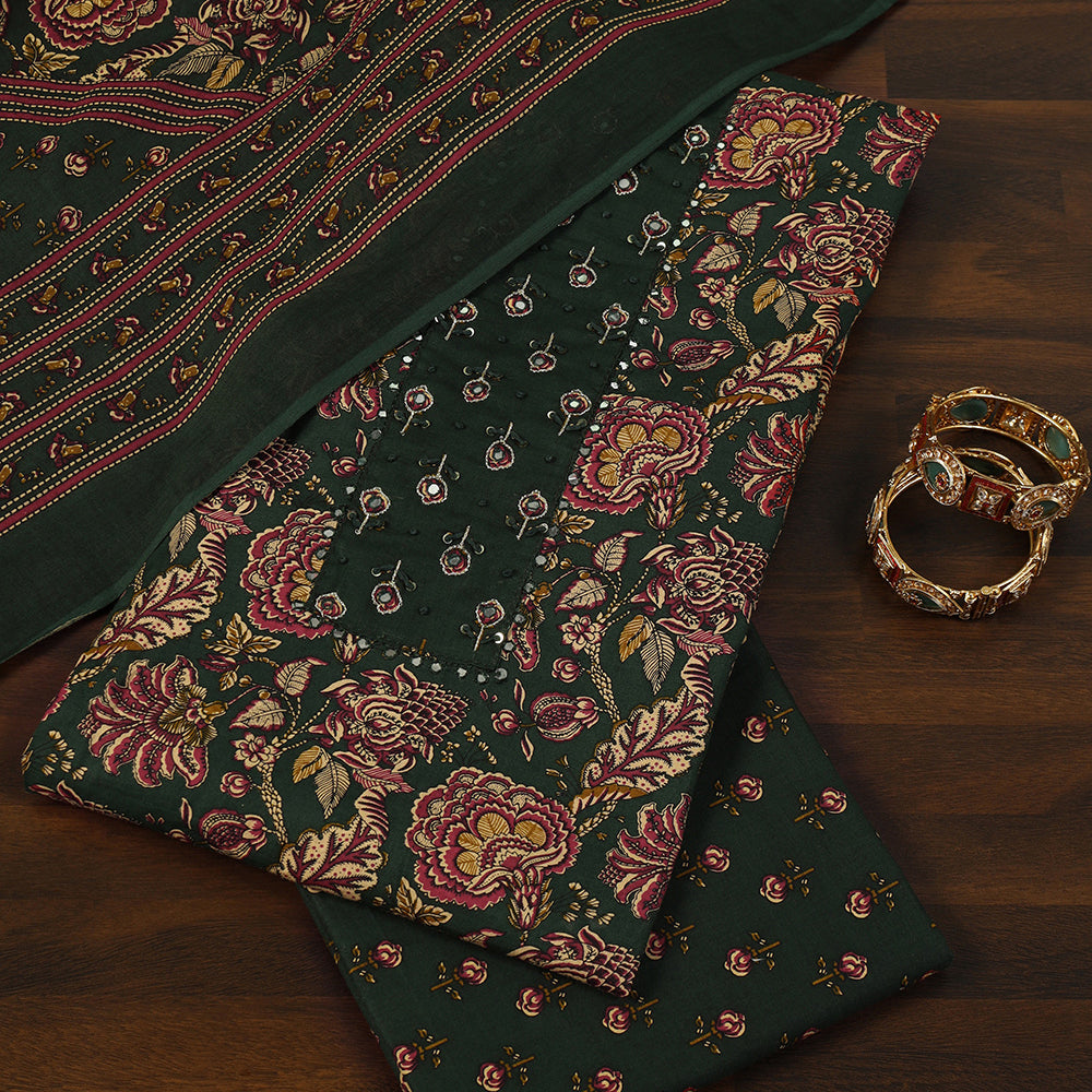 Printed Cotton Unstitched Suit with Mirror & Thread Work