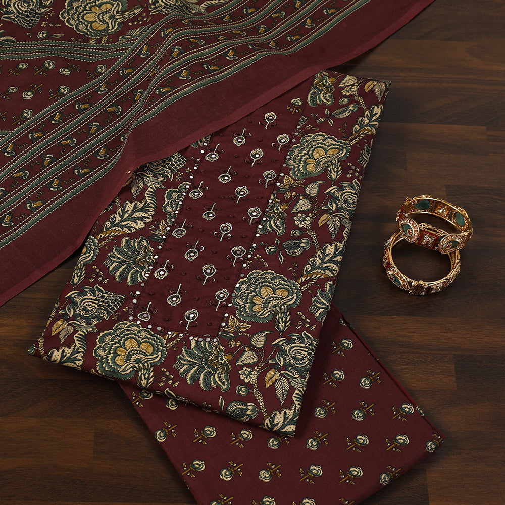 Printed Cotton Unstitched Suit with Mirror & Thread Work
