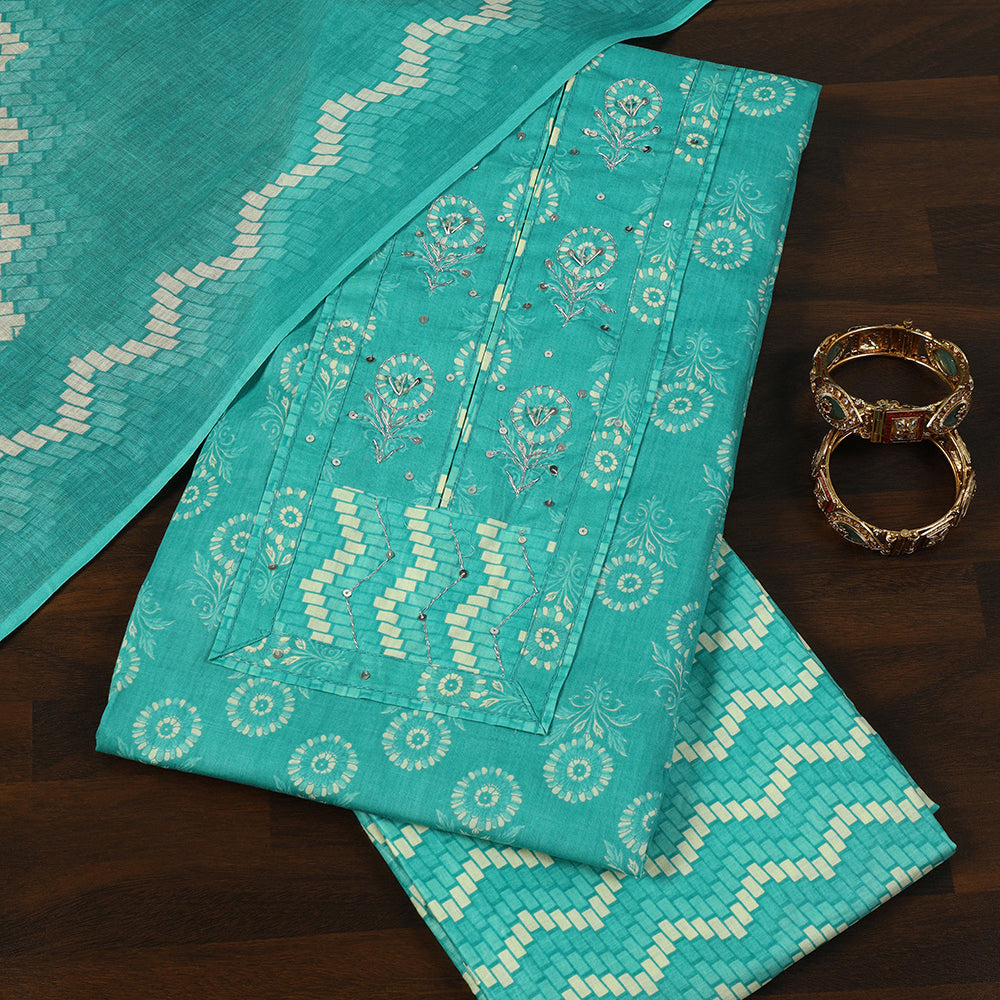 Floral Print Cotton Unstitched Suit with Zari & Sequin Work