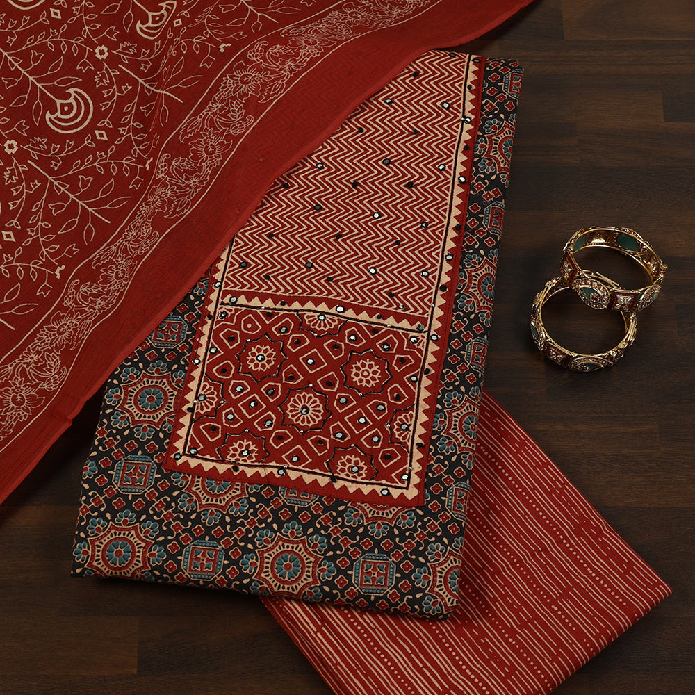 Cotton Fabric Unstitched Suit With Ajrakh Print